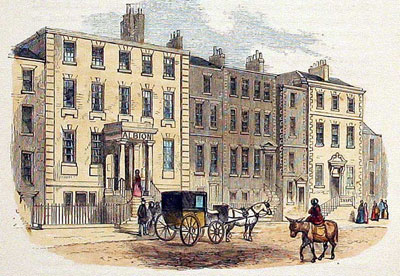 Lower Bridge Street and Albion Hotel. Woodcut vignette published in 1857