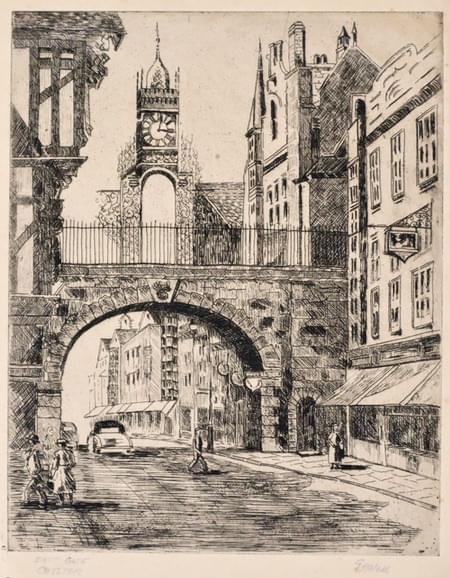  20th Century etching by G. H. Wall of Eastgate Street, Chester 