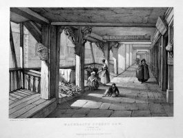 Watergate Street Row. (Looking Up) Chester. Lithograph by W. Tasker dated 1839. Published by John Seacombe, Bookseller, Chester