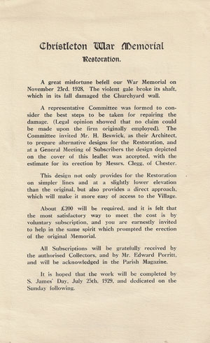 War Memorial Description 1929 Christleton